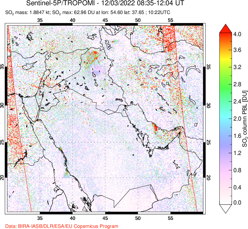 A sulfur dioxide image over Middle East on Dec 03, 2022.