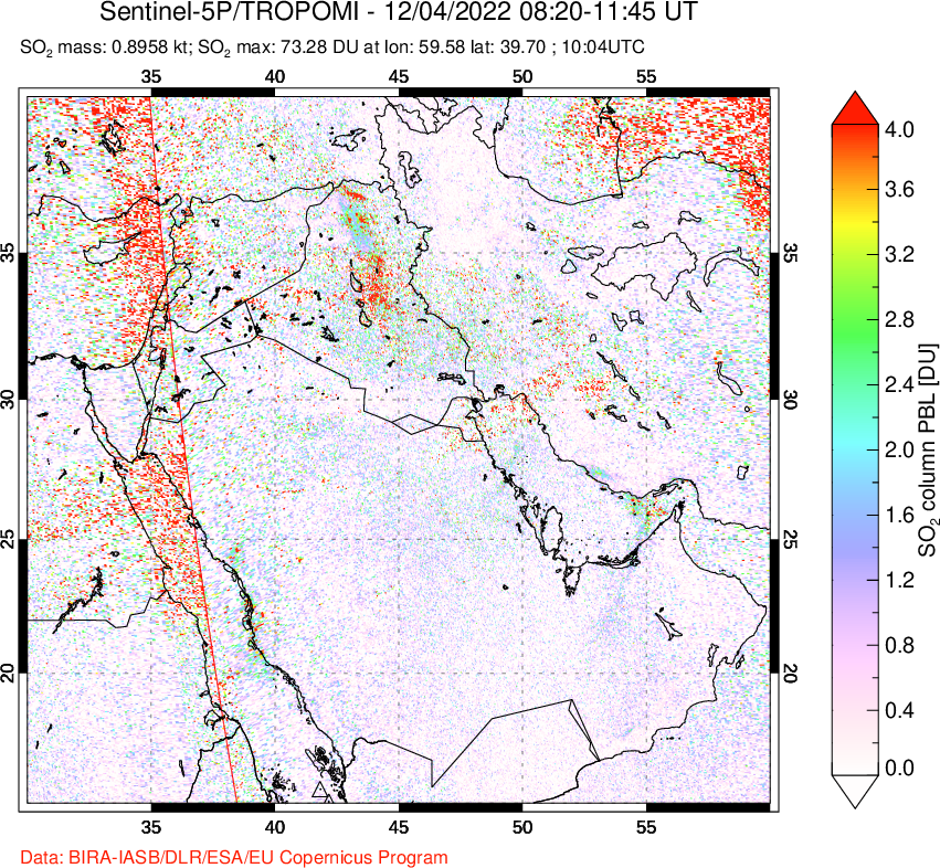 A sulfur dioxide image over Middle East on Dec 04, 2022.