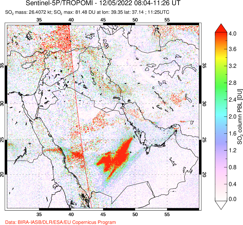 A sulfur dioxide image over Middle East on Dec 05, 2022.