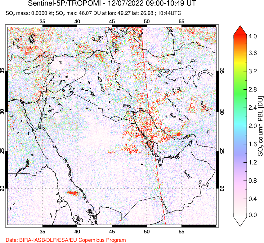 A sulfur dioxide image over Middle East on Dec 07, 2022.