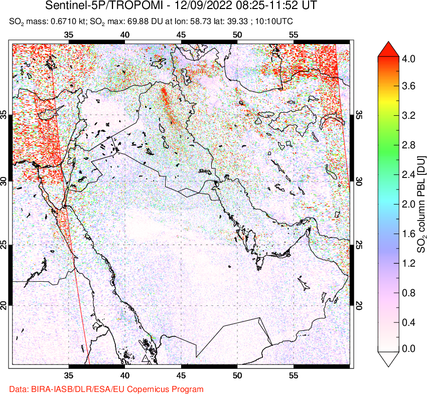 A sulfur dioxide image over Middle East on Dec 09, 2022.