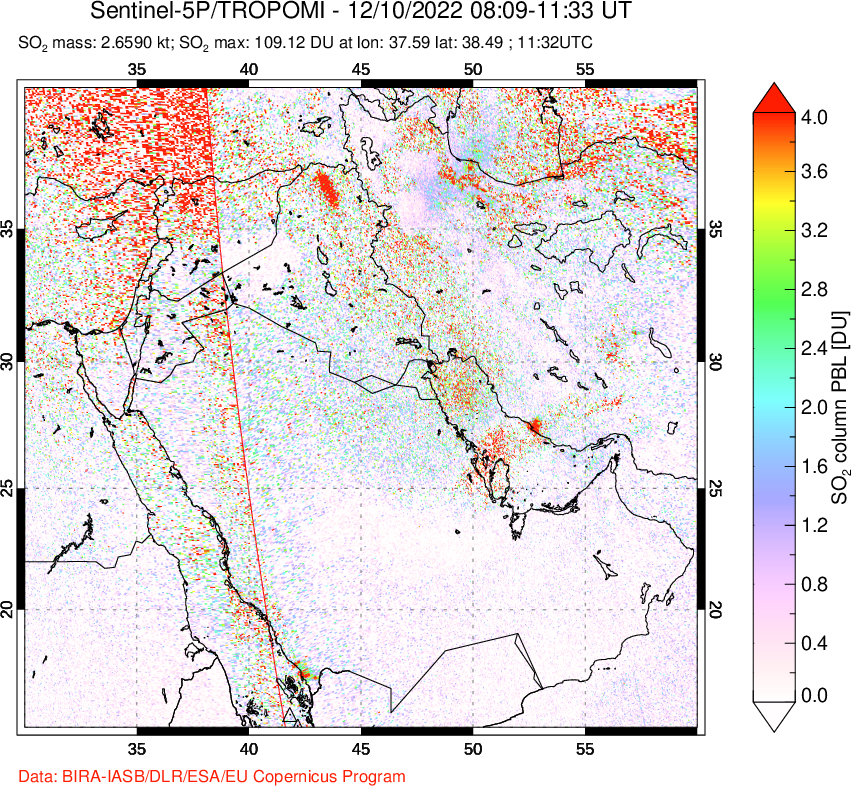 A sulfur dioxide image over Middle East on Dec 10, 2022.