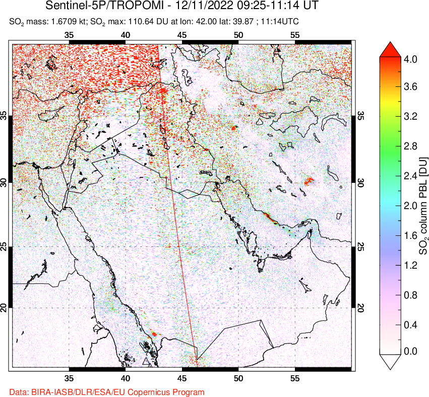 A sulfur dioxide image over Middle East on Dec 11, 2022.