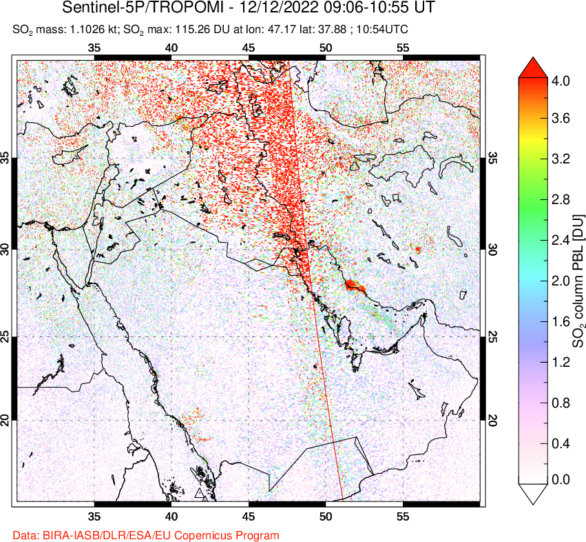 A sulfur dioxide image over Middle East on Dec 12, 2022.