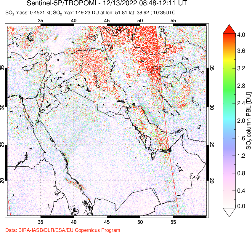 A sulfur dioxide image over Middle East on Dec 13, 2022.