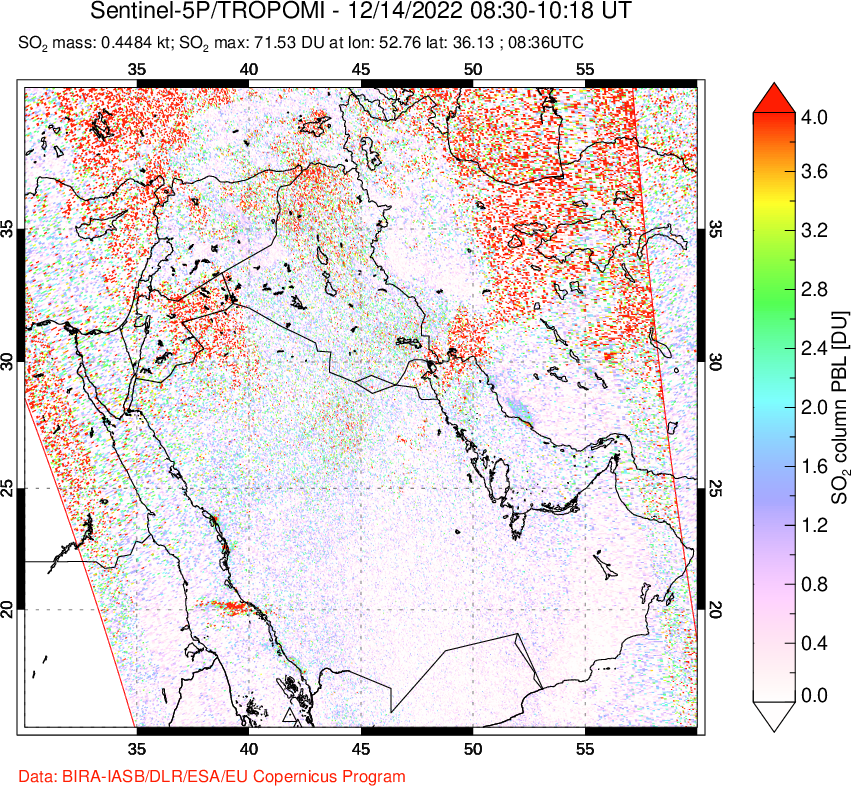 A sulfur dioxide image over Middle East on Dec 14, 2022.