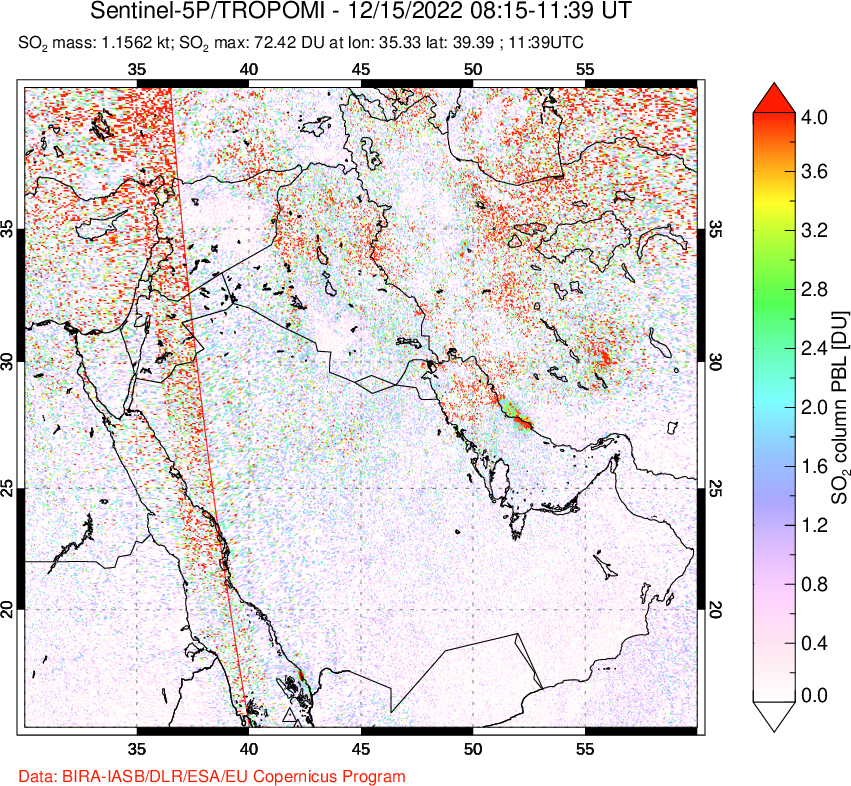 A sulfur dioxide image over Middle East on Dec 15, 2022.