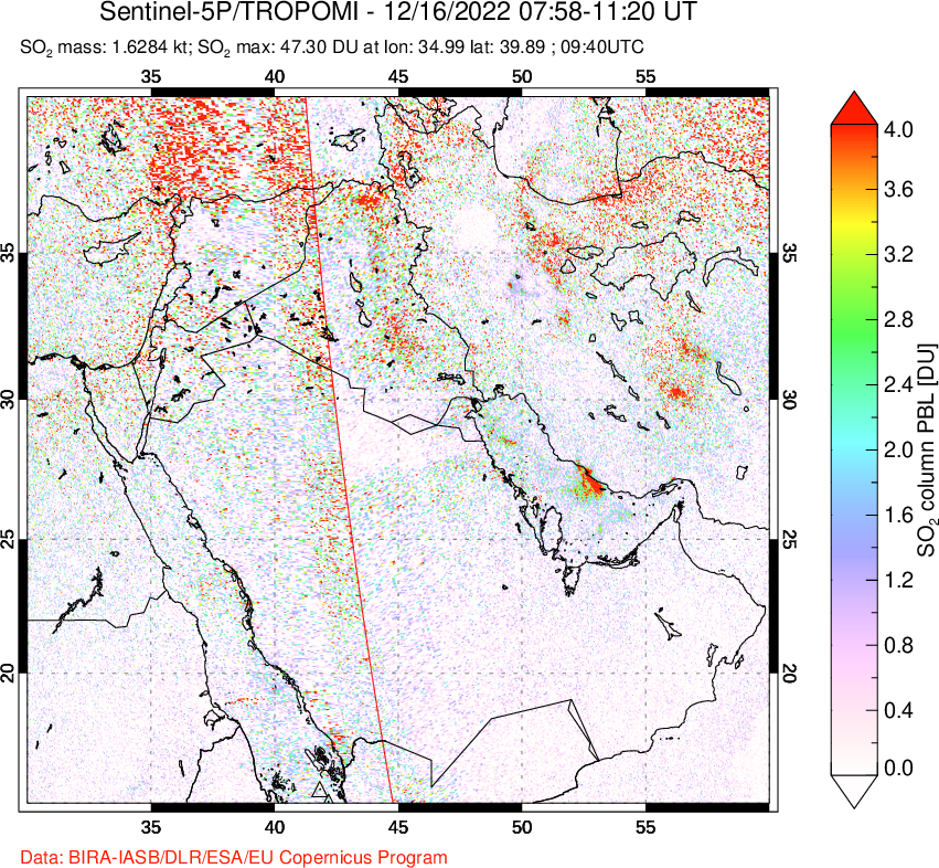 A sulfur dioxide image over Middle East on Dec 16, 2022.