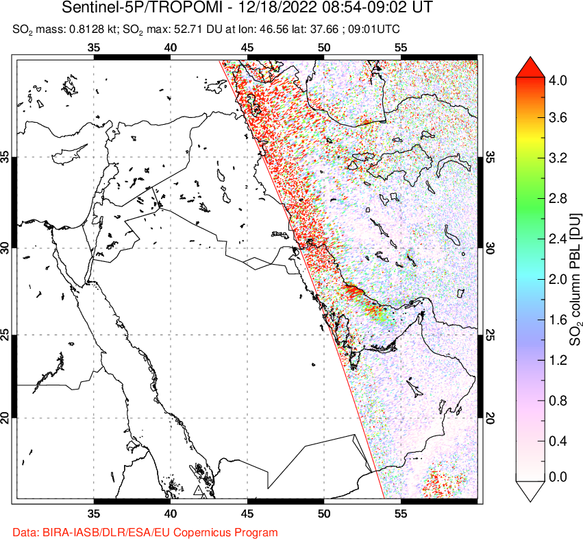 A sulfur dioxide image over Middle East on Dec 18, 2022.
