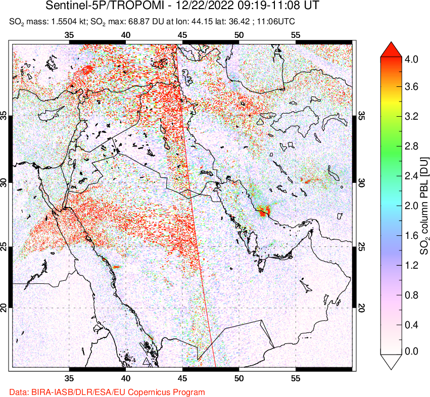 A sulfur dioxide image over Middle East on Dec 22, 2022.