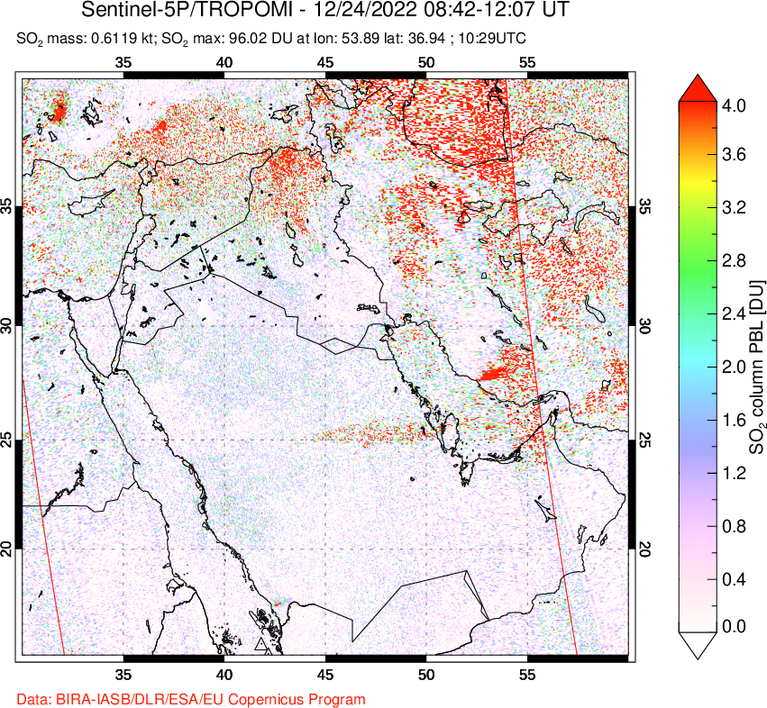 A sulfur dioxide image over Middle East on Dec 24, 2022.