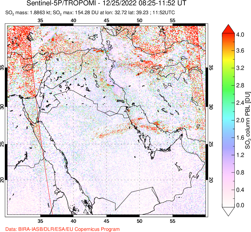 A sulfur dioxide image over Middle East on Dec 25, 2022.