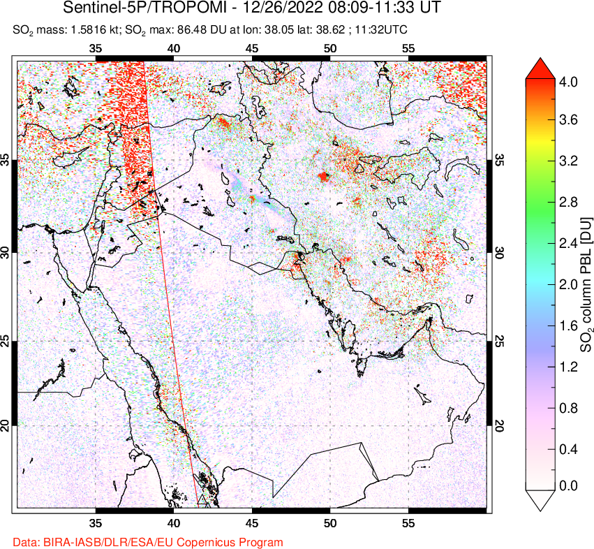 A sulfur dioxide image over Middle East on Dec 26, 2022.