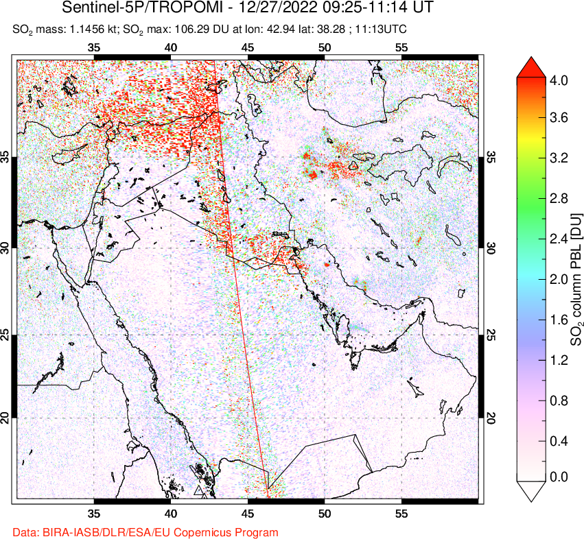 A sulfur dioxide image over Middle East on Dec 27, 2022.