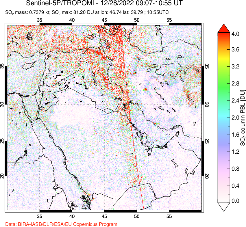 A sulfur dioxide image over Middle East on Dec 28, 2022.