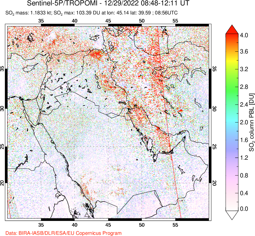 A sulfur dioxide image over Middle East on Dec 29, 2022.