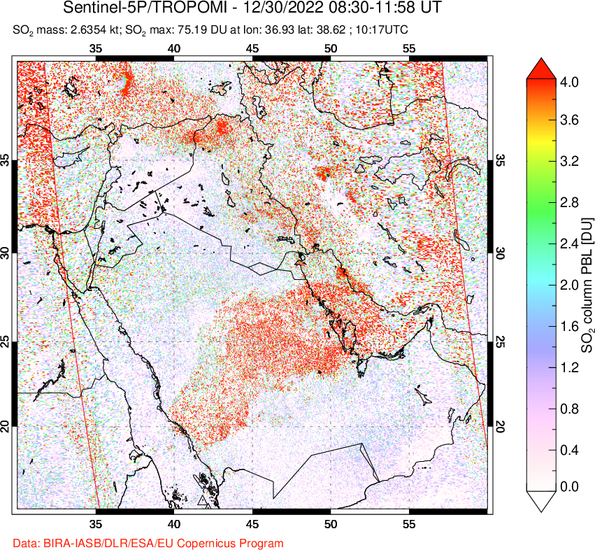 A sulfur dioxide image over Middle East on Dec 30, 2022.