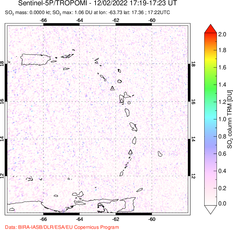 A sulfur dioxide image over Montserrat, West Indies on Dec 02, 2022.