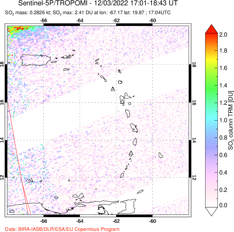 A sulfur dioxide image over Montserrat, West Indies on Dec 03, 2022.