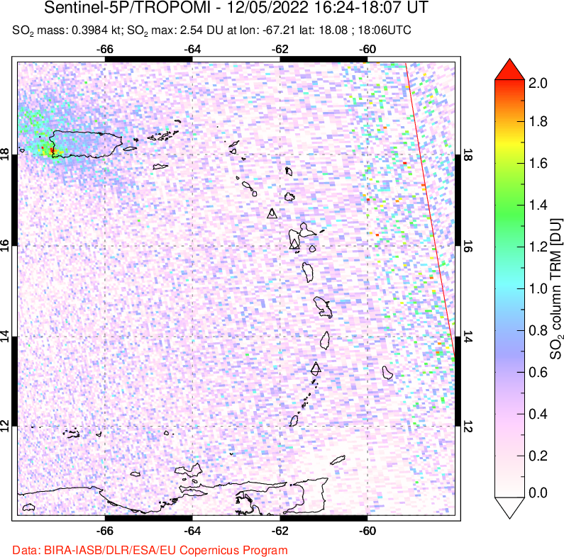 A sulfur dioxide image over Montserrat, West Indies on Dec 05, 2022.