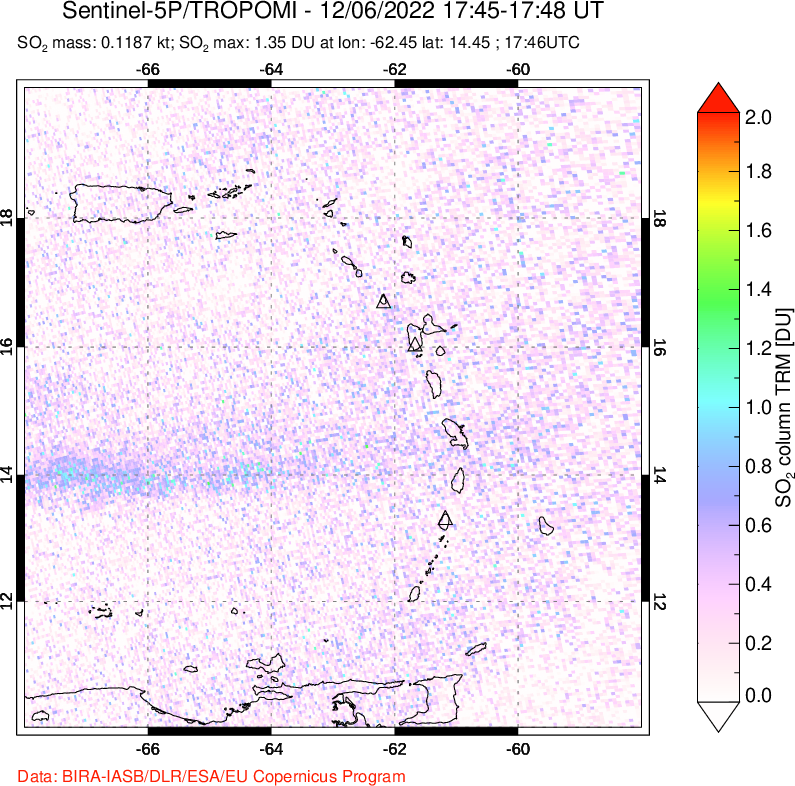 A sulfur dioxide image over Montserrat, West Indies on Dec 06, 2022.