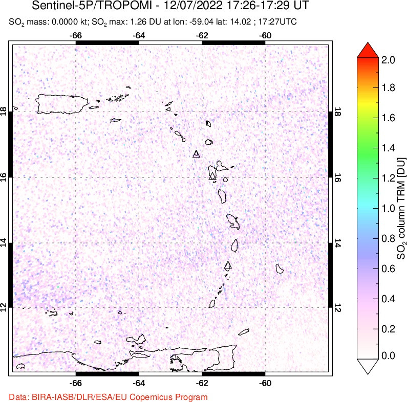 A sulfur dioxide image over Montserrat, West Indies on Dec 07, 2022.