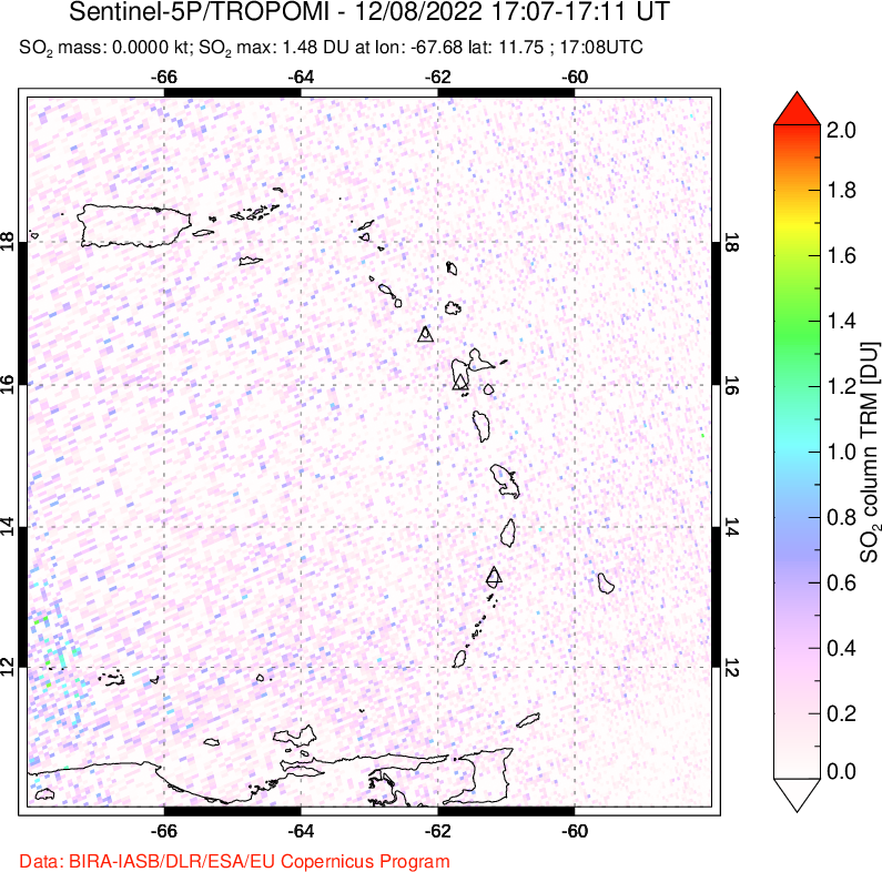 A sulfur dioxide image over Montserrat, West Indies on Dec 08, 2022.