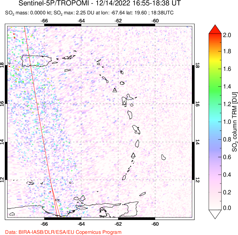 A sulfur dioxide image over Montserrat, West Indies on Dec 14, 2022.