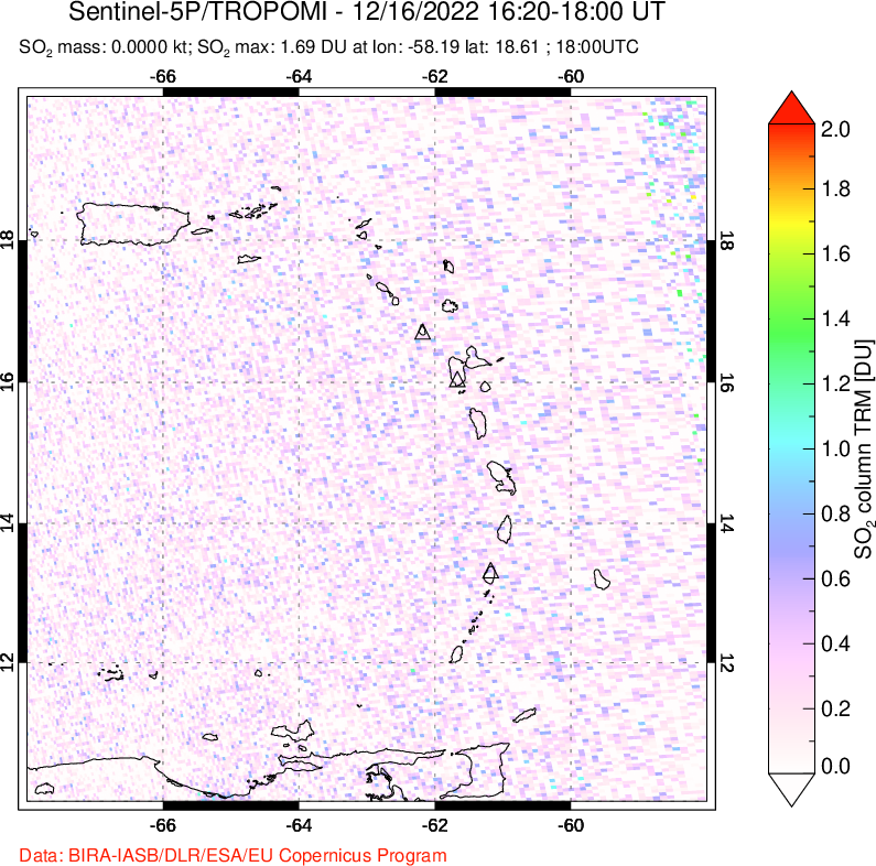 A sulfur dioxide image over Montserrat, West Indies on Dec 16, 2022.