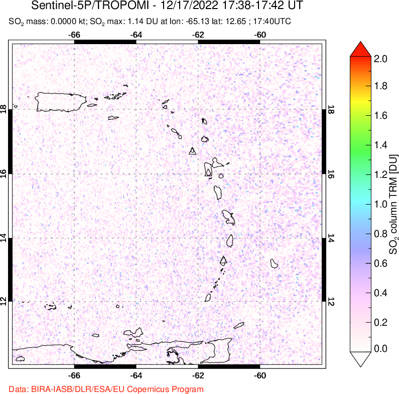 A sulfur dioxide image over Montserrat, West Indies on Dec 17, 2022.