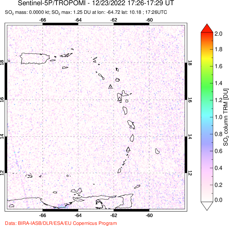 A sulfur dioxide image over Montserrat, West Indies on Dec 23, 2022.