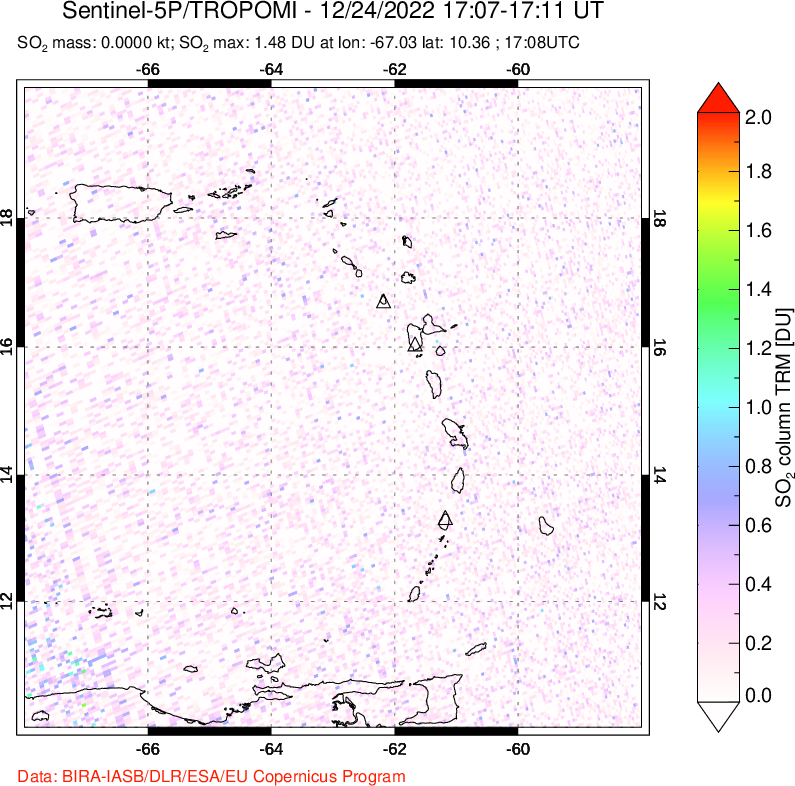 A sulfur dioxide image over Montserrat, West Indies on Dec 24, 2022.