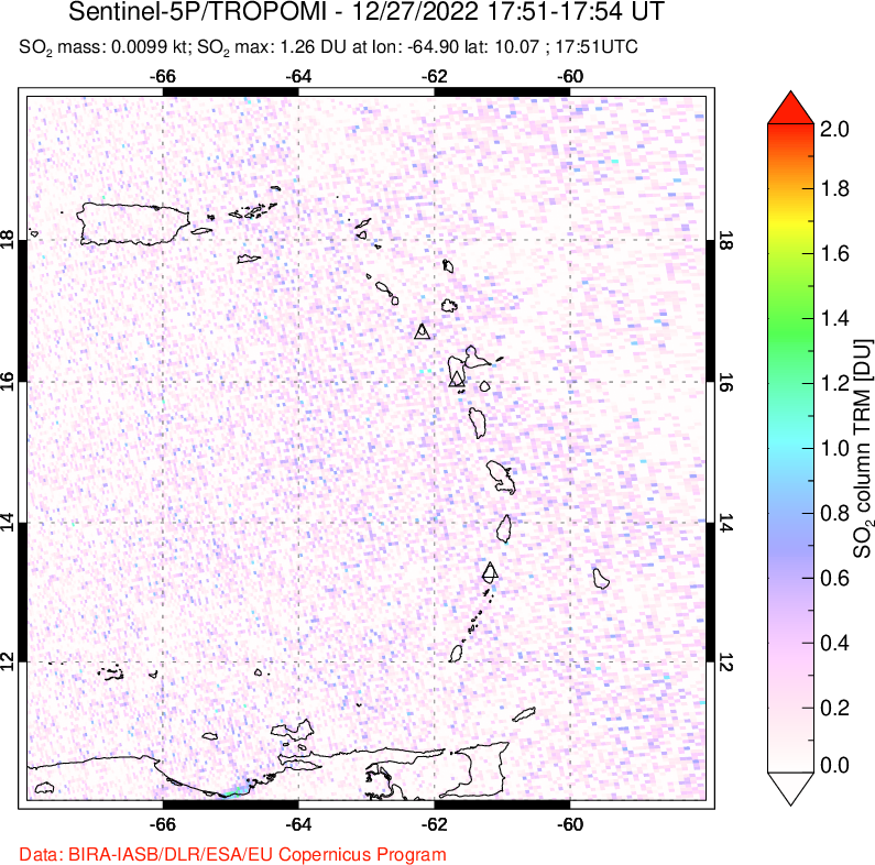A sulfur dioxide image over Montserrat, West Indies on Dec 27, 2022.