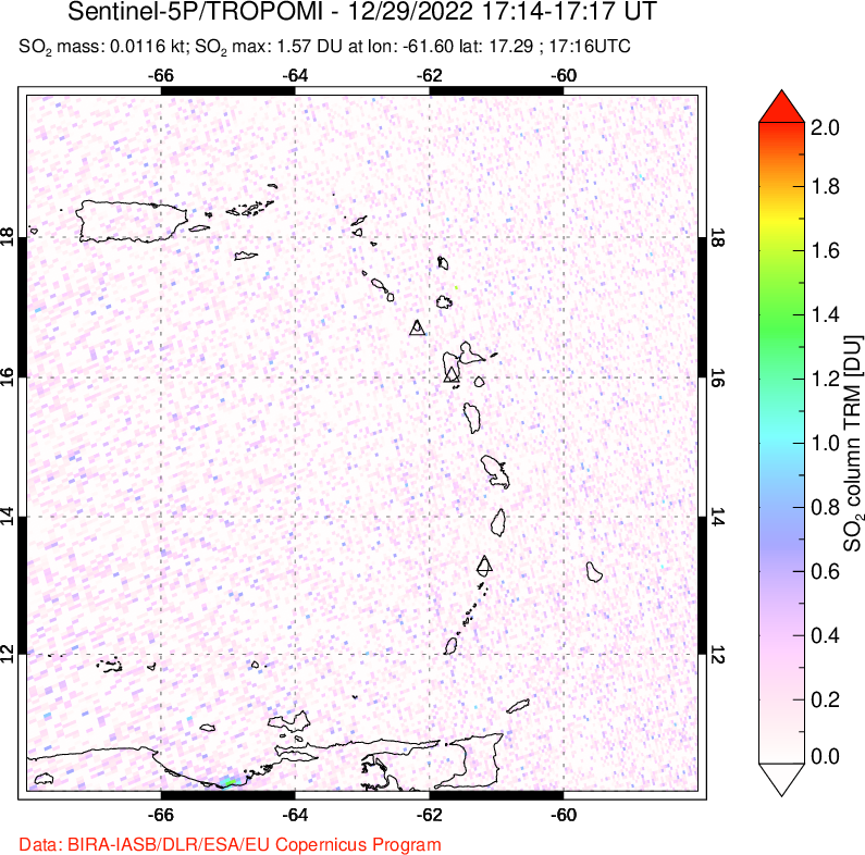 A sulfur dioxide image over Montserrat, West Indies on Dec 29, 2022.