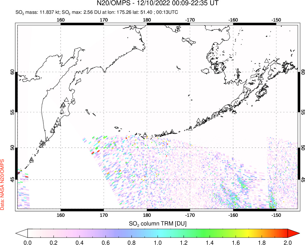 A sulfur dioxide image over North Pacific on Dec 10, 2022.