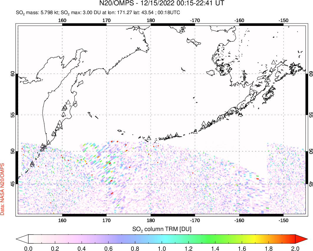 A sulfur dioxide image over North Pacific on Dec 15, 2022.