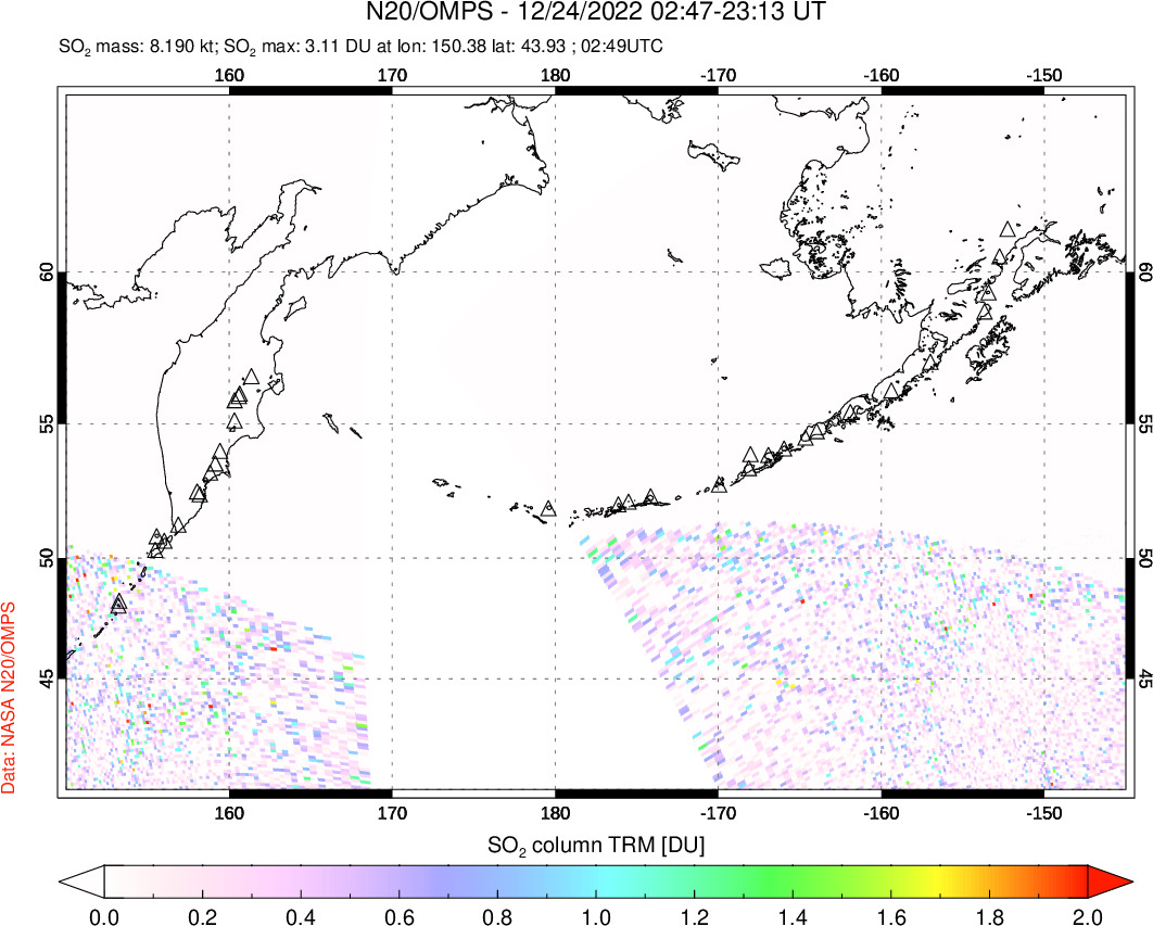 A sulfur dioxide image over North Pacific on Dec 24, 2022.