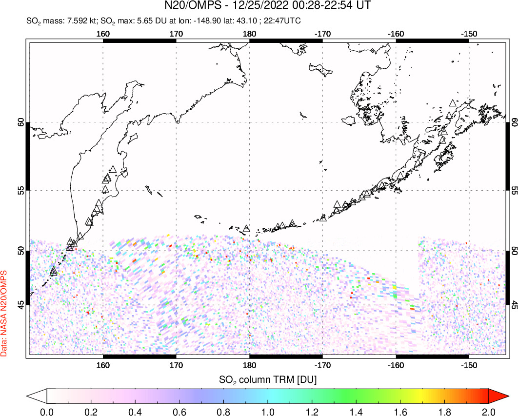 A sulfur dioxide image over North Pacific on Dec 25, 2022.