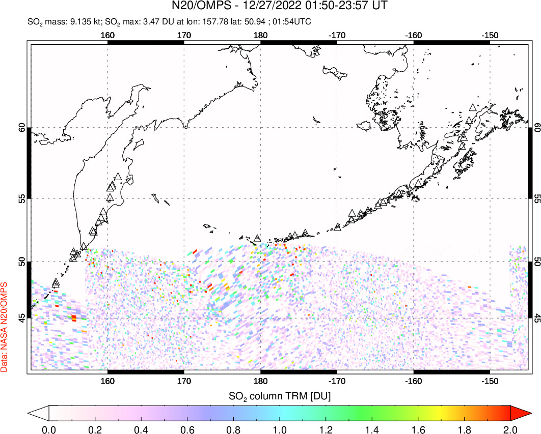 A sulfur dioxide image over North Pacific on Dec 27, 2022.