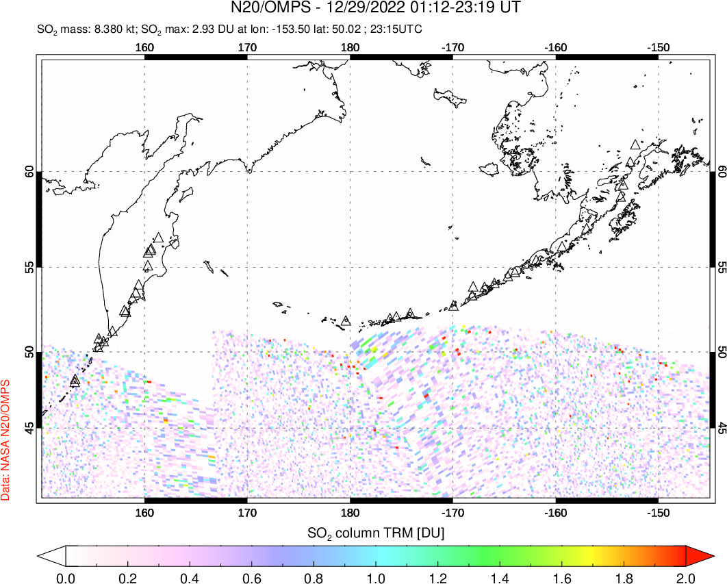 A sulfur dioxide image over North Pacific on Dec 29, 2022.