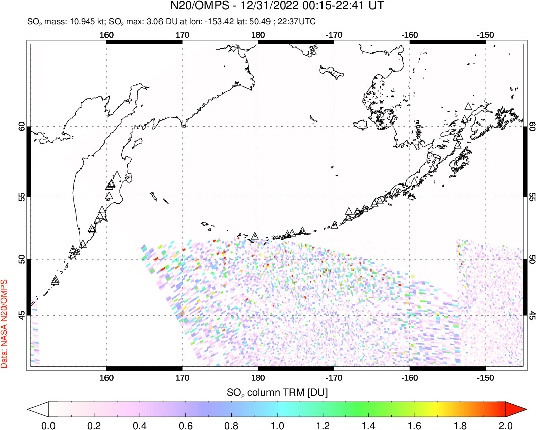 A sulfur dioxide image over North Pacific on Dec 31, 2022.