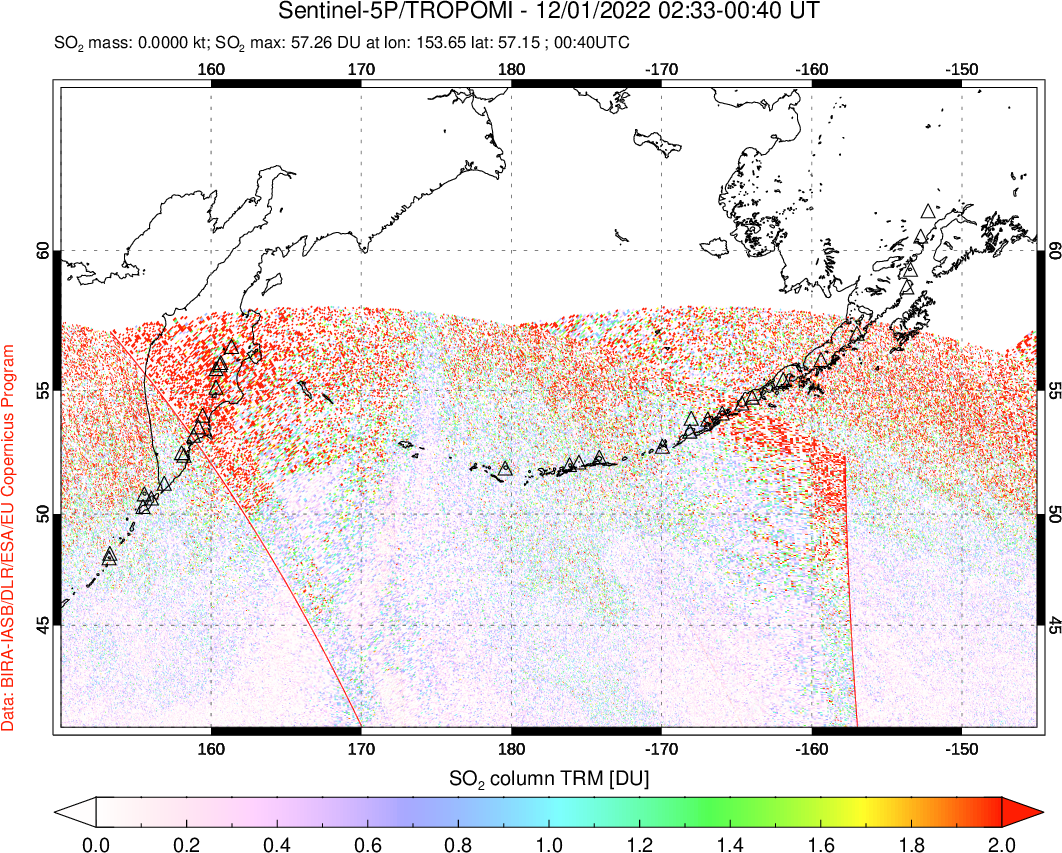 A sulfur dioxide image over North Pacific on Dec 01, 2022.