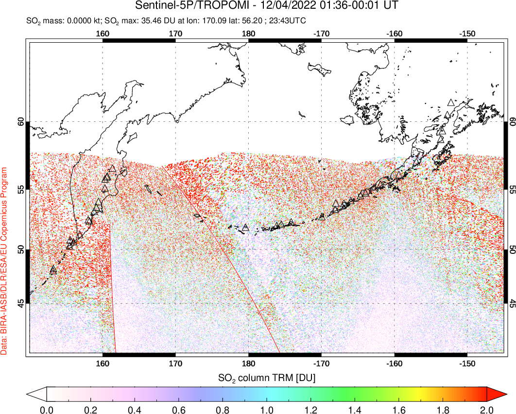 A sulfur dioxide image over North Pacific on Dec 04, 2022.
