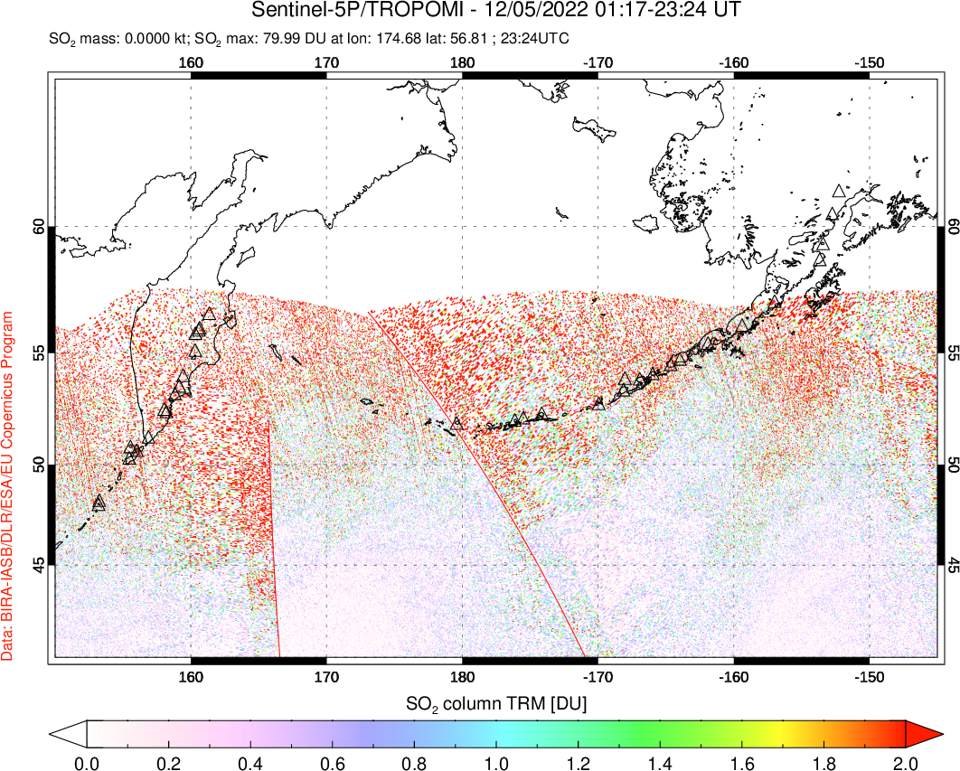A sulfur dioxide image over North Pacific on Dec 05, 2022.