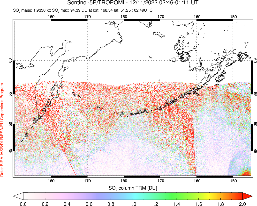 A sulfur dioxide image over North Pacific on Dec 11, 2022.