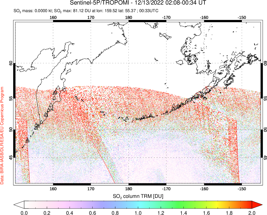 A sulfur dioxide image over North Pacific on Dec 13, 2022.