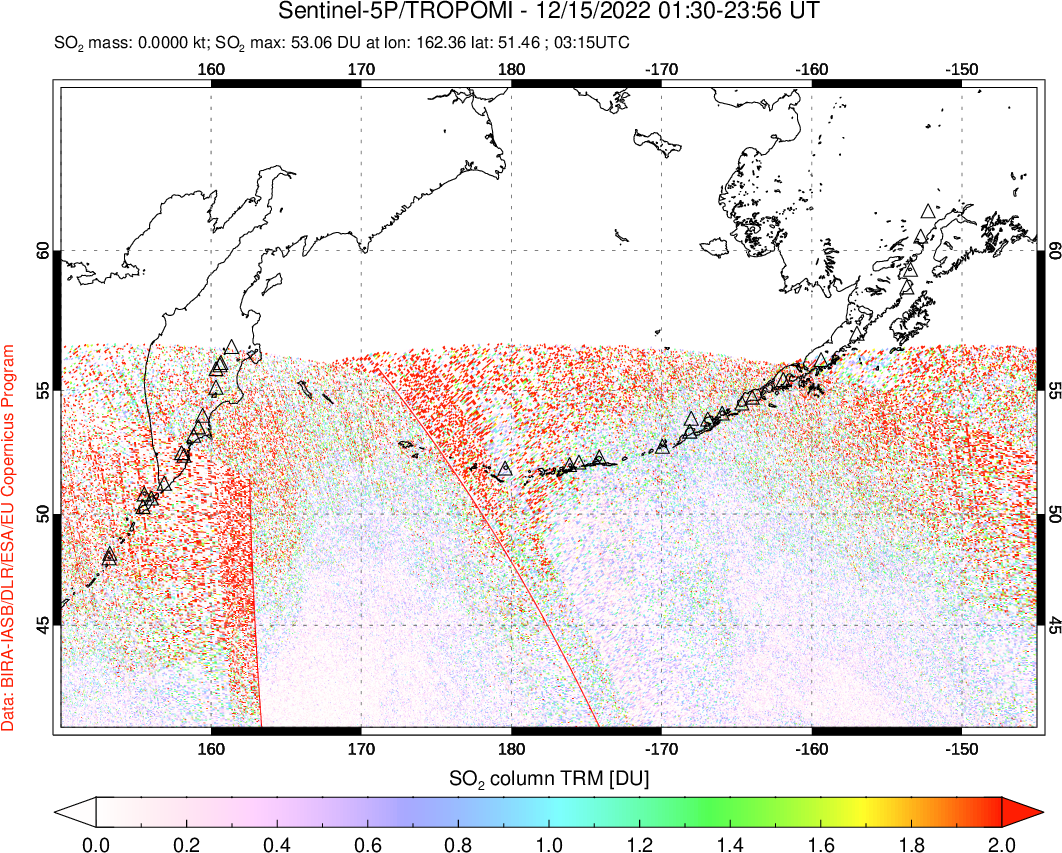 A sulfur dioxide image over North Pacific on Dec 15, 2022.