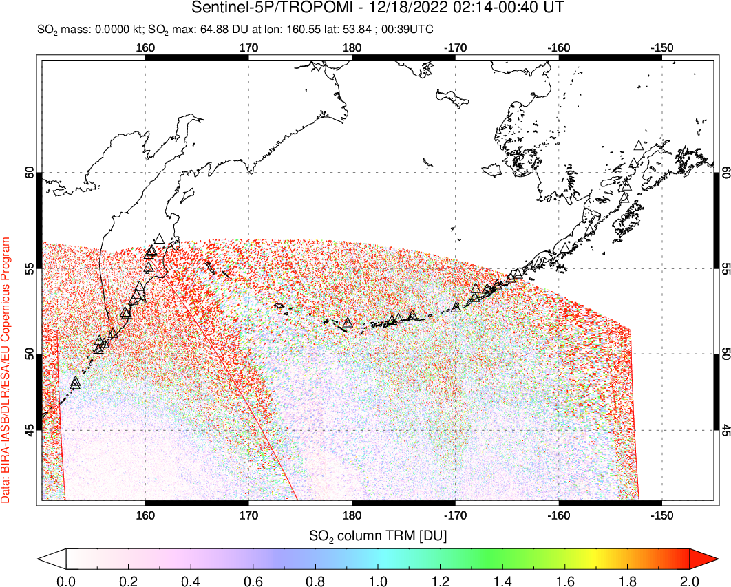 A sulfur dioxide image over North Pacific on Dec 18, 2022.