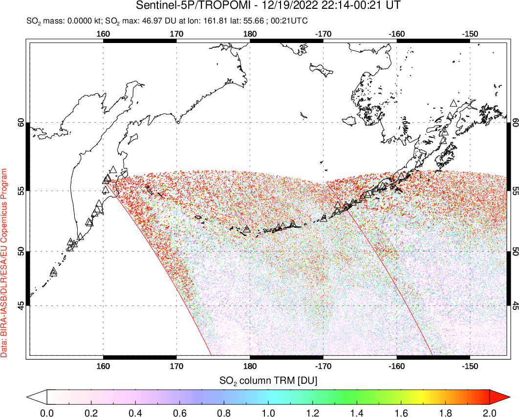 A sulfur dioxide image over North Pacific on Dec 19, 2022.