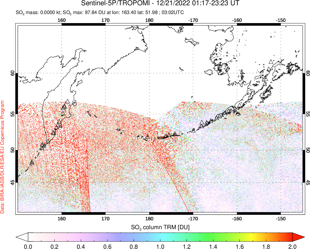 A sulfur dioxide image over North Pacific on Dec 21, 2022.